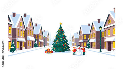 Winter Wonderland Christmas Scene: A captivating depiction of a festive town adorned with snow-covered rooftops, twinkling lights, and a towering Christmas tree.