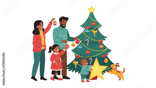 Family Joy: A heartwarming depiction of a family's festive Christmas tradition, with vibrant ornaments and twinkling lights adorning the evergreen tree.  