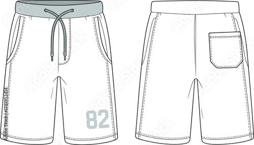 Casual shorts technical flat sketch front and back view, drawstring waistband, patch pocket, number print detail, fashion apparel illustration