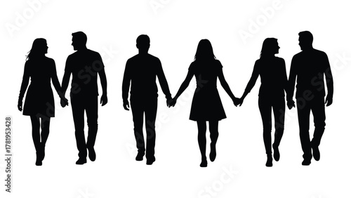 Couples walking hand in hand silhouettes isolated on white background, Vector