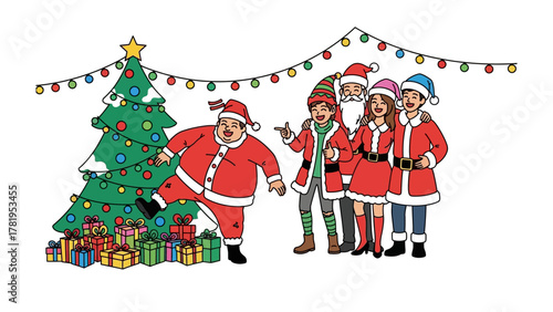 Festive Christmas Gathering: Delightful illustration of a jolly individual adorned in a red suit alongside companions, standing near a beautifully adorned christmas tree.