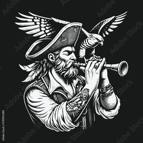 Monochrome illustration of a bearded pirate playing a horn with an eagle.