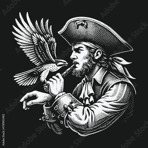 Vintage Pirate Captain Smoking a Pipe with a Majestic Eagle.