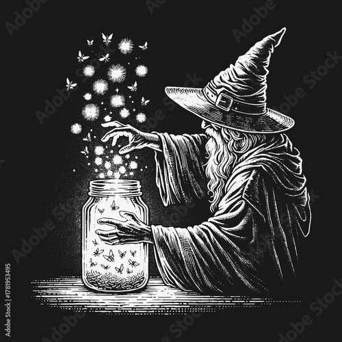 Old Wizard Capturing Magical Glowing Fireflies in a Jar.