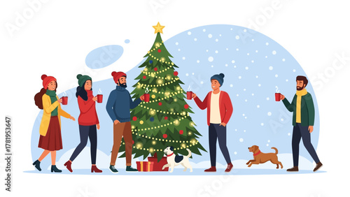 Holiday gathering: A heartwarming illustration showing a group of friends celebrating holidays in a snowy environment. They are gathered around a decorated christmas tree.