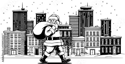 Black and white vector illustration of Santa Claus walking through a quiet night city with a sack of gifts, festive Christmas scene with urban buildings and winter atmosphere