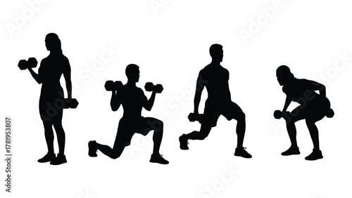 Dumbbell exercise silhouettes isolated on white background, Vector