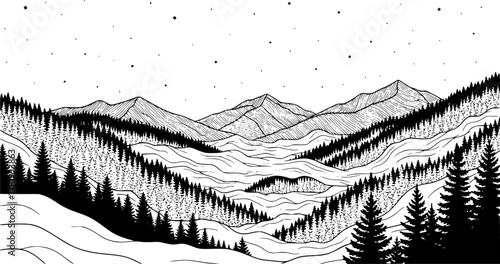 Night over Smoky Mountains with stars, fog, and pine forest, black and white line art illustration
