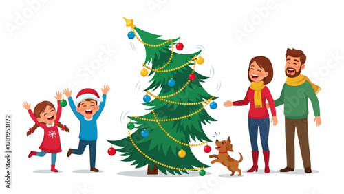 Holiday Joy: A family gathers to decorate their Christmas tree, a scene of holiday bliss and togetherness, with a vibrant Christmas tree with ornaments, a star. The warmth of the moment radiates.