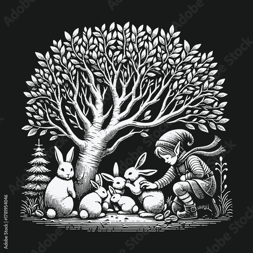 Whimsical black and white illustration of an elf with rabbits in a forest.