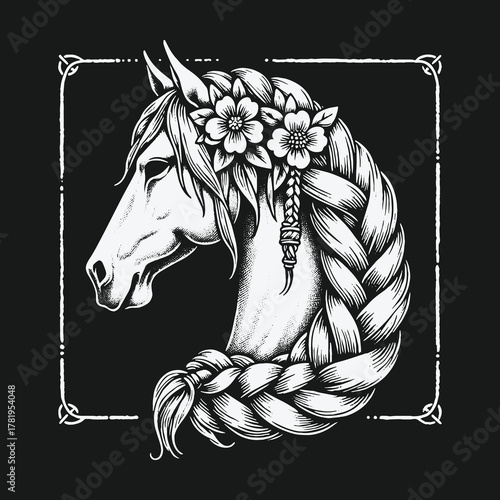Beautiful horse head with braided mane and flowers vintage illustration.