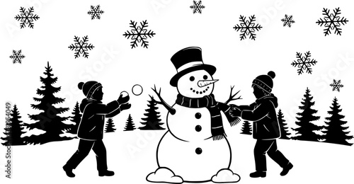 Winter scene with snowman kids and snowflakes black silhouette
