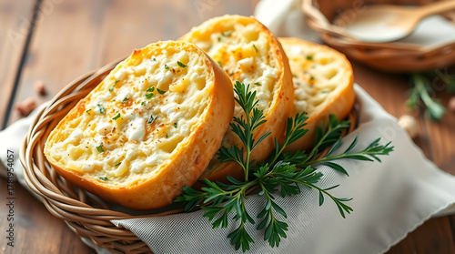 Fresh Baked Garlic Cheese Toast with Herbs, Delicious Appetizer Background