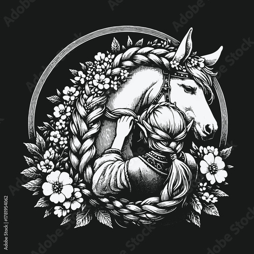Vintage fantasy illustration of a girl braiding a horses mane with flowers.