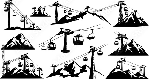 Silhouette vector set of ski cable cars, gondolas, lift towers, and mountain scenery perfect for alpine tourism, winter sports, and transport themes
