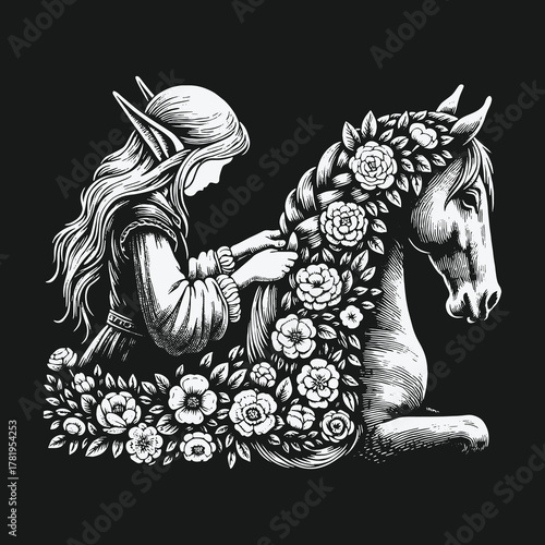 Monochrome fantasy illustration of an elf maiden braiding a horses floral mane.