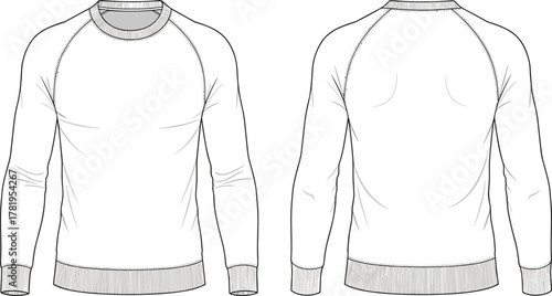 Technical fashion flat sketch, crewneck sweatshirt front and back view, raglan sleeve design, ribbed cuffs hem neckline, apparel illustration vector
