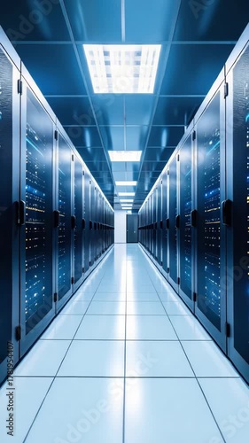 Long perspective of a row of server racks in a clean, bright, modern data center with servers running, for technology or computer science visuals.
