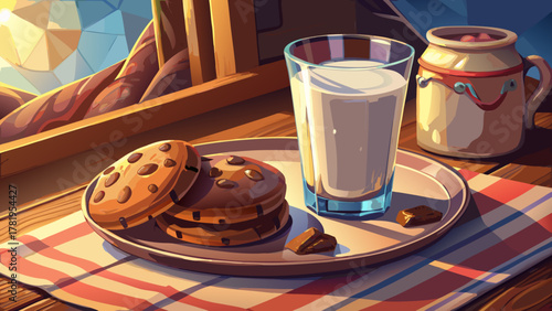 Very beautiful close-up of a glass of milk on a tray with chocolate cookies next to it, featuring warm natural light, realistic textures, and a cozy inviting dessert scene.