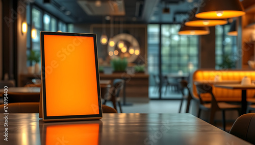 Restaurant Tabletop Digital Menu Mockup with Orange Blank Screen