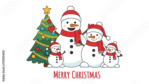 Christmas Cheer: A delightful Christmas scene showcasing a family of snowmen gathered joyfully beside a festively adorned Christmas tree, evoking warmth, family, and the magic of Christmas.