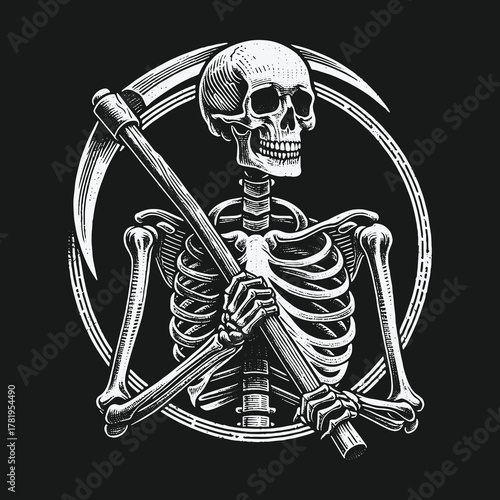 Grim Reaper skeleton holding a scythe vintage illustration.