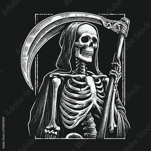 Vintage monochrome illustration of the Grim Reaper skeleton holding a scythe.