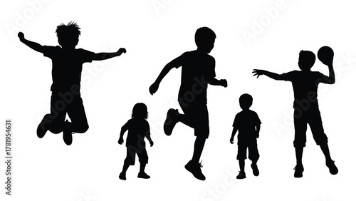 Silhouettes of active children playing isolated on white background, Vector