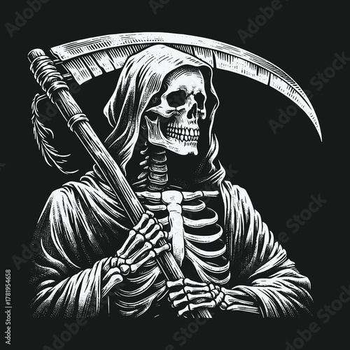 Grim Reaper skeleton in a hooded cloak holding a scythe illustration.