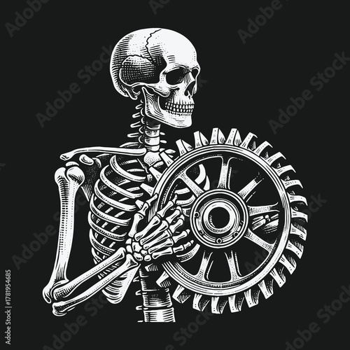 Anatomical Skeleton with Industrial Cogwheel on Black Background.