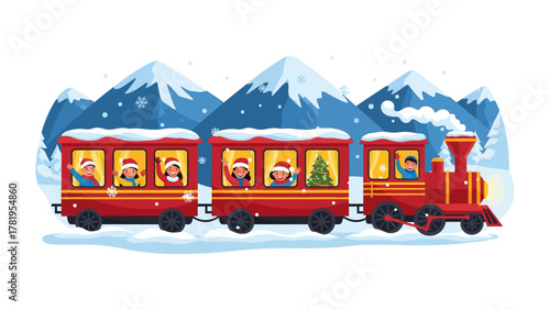 Winter Wonderland Express: A festive red train carries joyous passengers through a snowy landscape, offering a delightful journey filled with holiday cheer.
