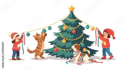 Joyful Christmas Decorations: Adorable children and a playful cat and dog join forces to adorn a vibrant Christmas tree with colorful ornaments, creating a heartwarming scene of festive cheer.