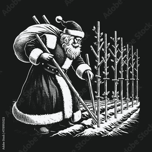 Grim Santa Claus with a rifle planting a forest of saplings.