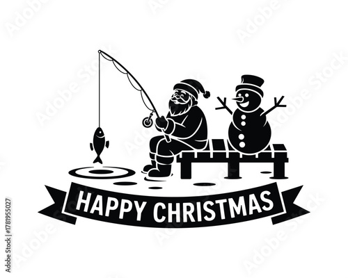 Santa Claus ice fishing with snowman and fish  merry Christmas concept 