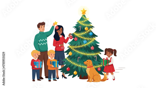 A Family Christmas: A loving family decorates a Christmas tree, preparing for a joyous holiday celebration filled with love and warmth.