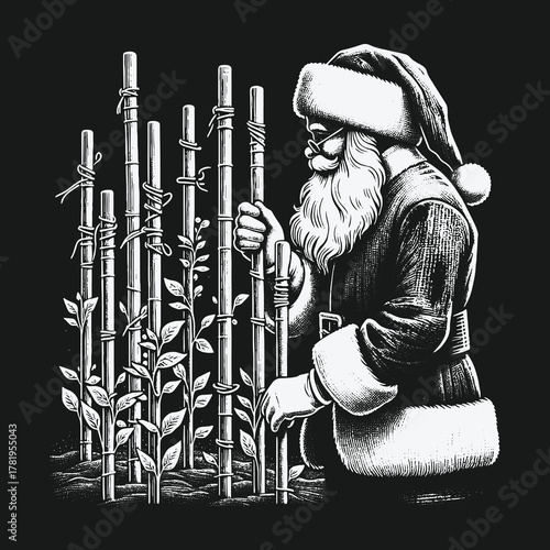 Vintage Style Santa Claus Tending to a Garden of Young Plants.