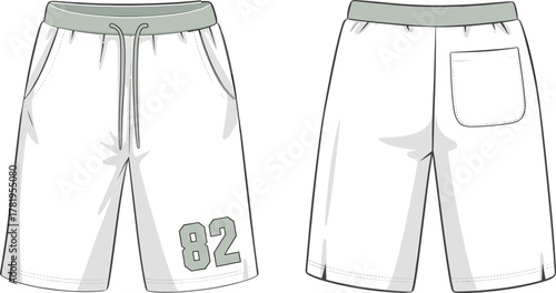 White athletic shorts, gray waistband, drawstring, side pocket, patch pocket back, number 82 print, casual sportswear, summer clothing, lifestyle apparel, trendy design