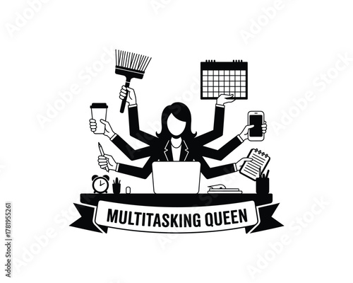 Woman with many arms holding office and personal items