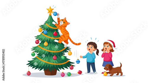 Christmas Cat Caper: A playful scene unfolds as a curious cat mischievously interacts with a Christmas tree, creating a delightful holiday moment with children and a dog