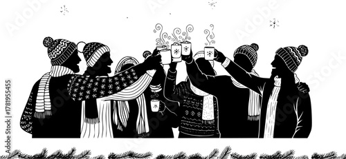 Group of Friends Toasting Hot Cocoa Silhouette | Cozy Winter Gathering Vector | Festive Holiday Celebration Scene
