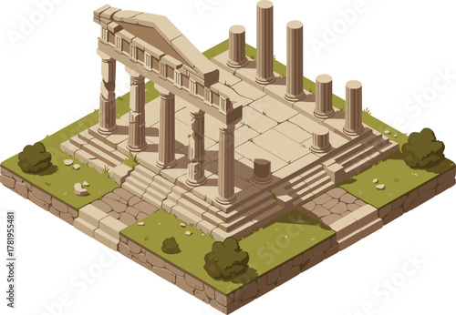 Ancient Greek temple ruins vector illustration — historical architecture and archaeology concept in isometric design