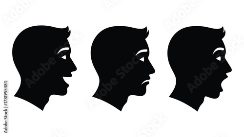 Male head silhouettes expressing emotions isolated on white background, Vector