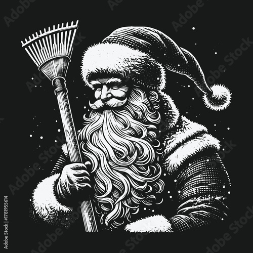 Monochrome Vintage Santa Claus Holding a Garden Rake Illustration.