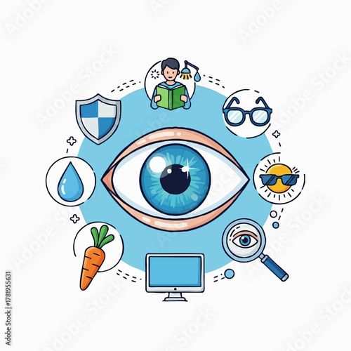 Anatomy of the eye, vision health, and visual perception, with icons representing elements of sight and eye care
