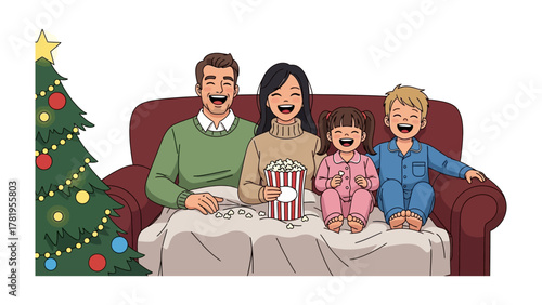 Cozy Christmas Moments: A family shares heartwarming moments and laughter while enjoying a movie night with popcorn on Christmas Eve.