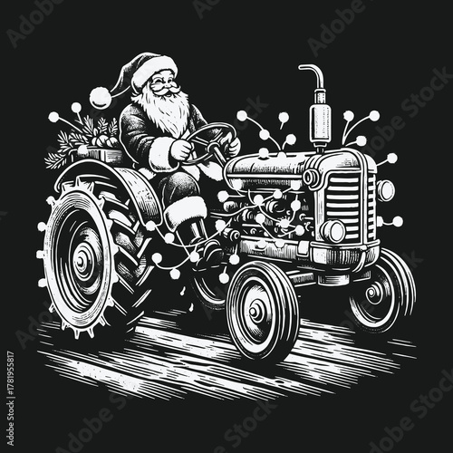 Monochrome Illustration of Santa Claus Driving a Festive Tractor.