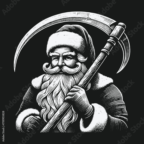 Monochrome Engraving of Santa Claus as the Grim Reaper.