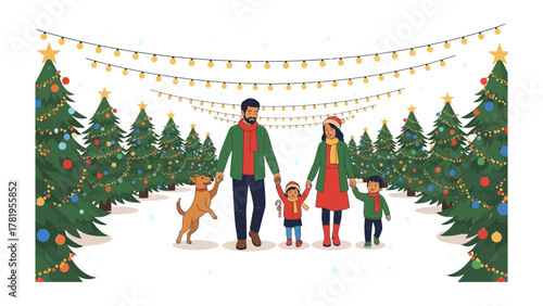 Joyful Family Christmas Walk: A cheerful family strolls through a winter wonderland adorned with twinkling lights and festive Christmas trees. Embracing the warmth of the season.