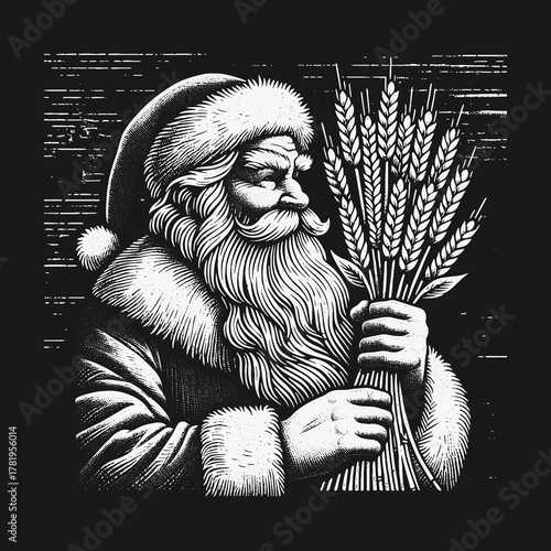 Vintage black and white Santa Claus holding a sheaf of wheat illustration.