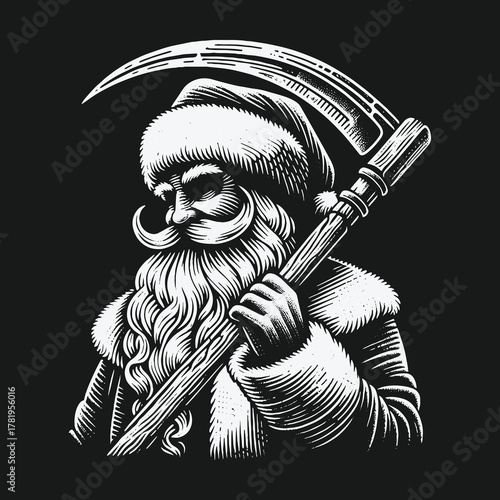 Evil Santa Claus as the Grim Reaper with a scythe.